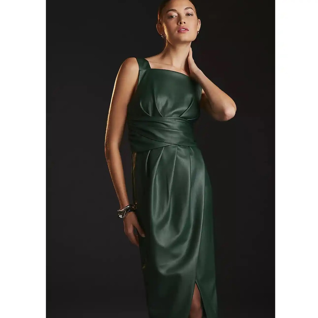 By Anthropologie Green Twist-Front Faux Leather Dress Size 4 P Petite Nwt